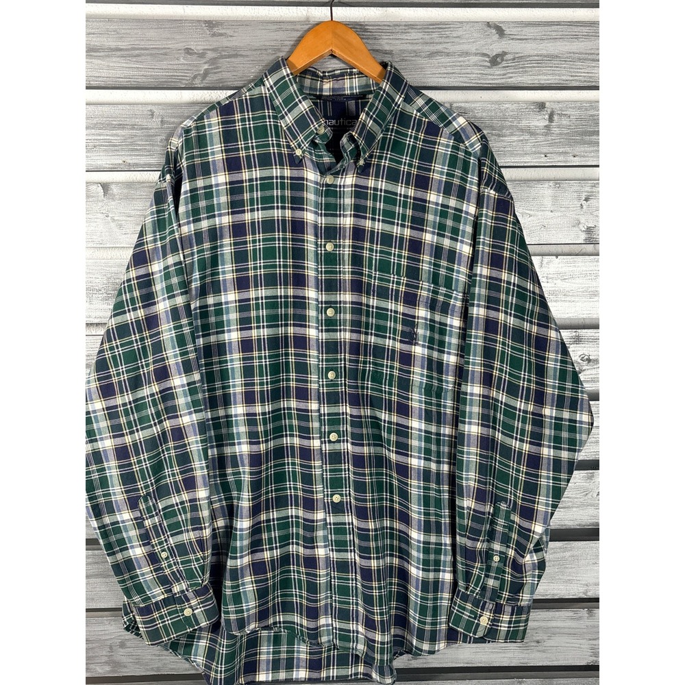 Nautica Mens XL/XXL Plaid Button Down Shirt Green Long Sleeve Vtg 90s